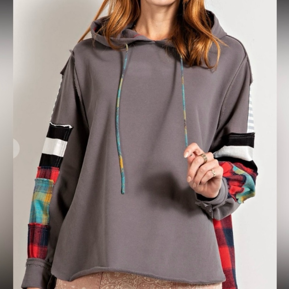 Gray Hoodie with Colorful Plaid Sleeves